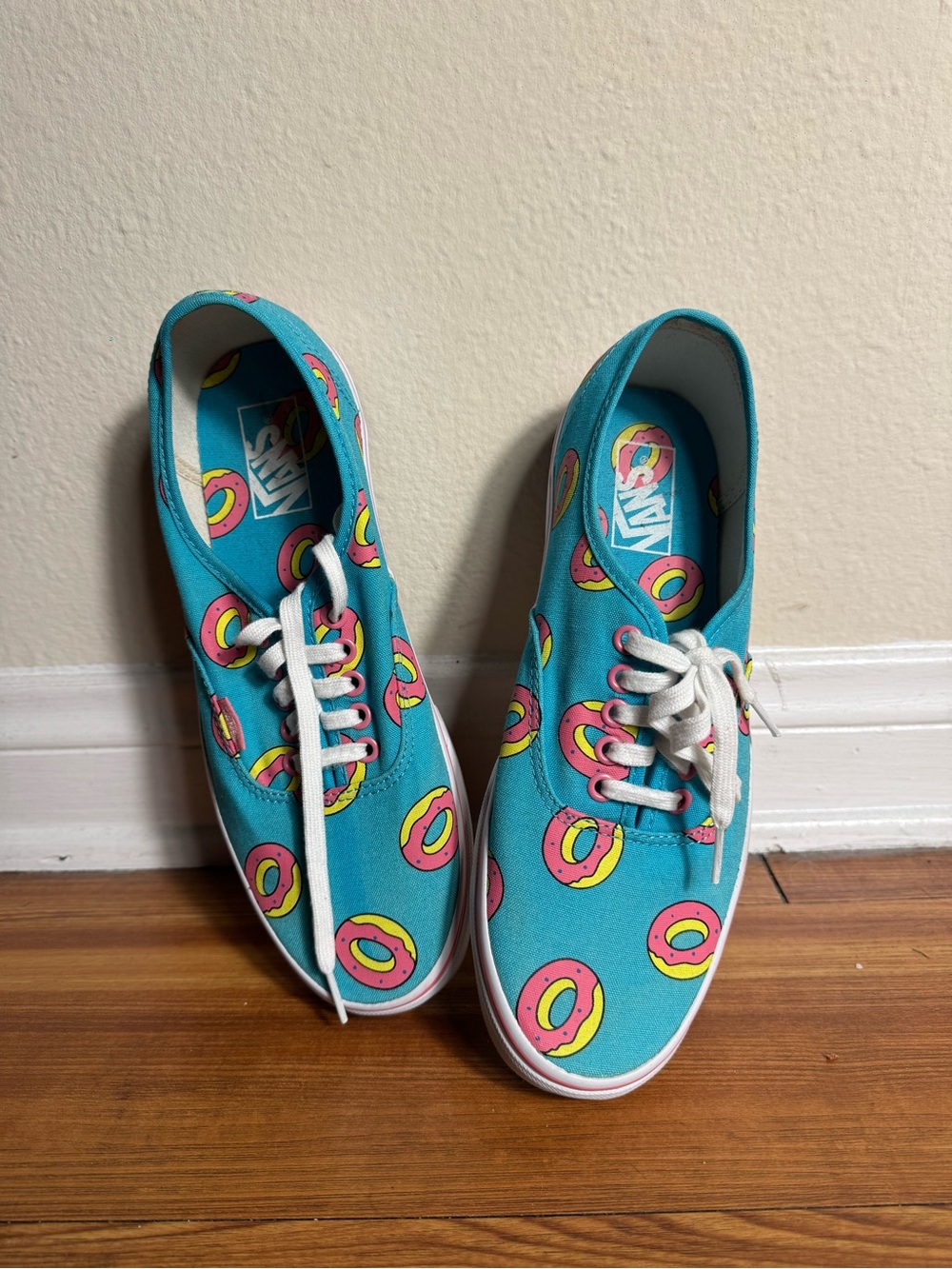 Vans Aqua Canvas Sneakers with Pink and Yellow Donut Print